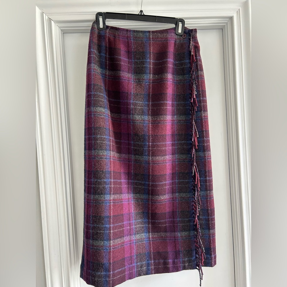 Talbots Plaid Maxi Skirt with Fringe - Purple and Pink Plaid